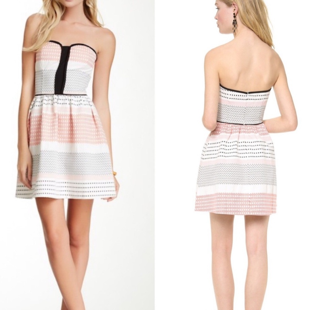 Ella Moss Strapless Fit and Flare in white/black/coral pattern